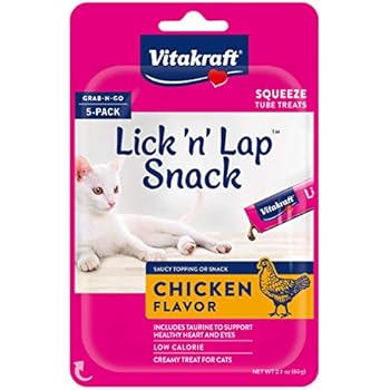Vitakraft Lick 'n' Lap Chicken Flavor Creamy Treats for Cats, Low Calorie, Grab-n-Go Squeeze Tube Treats or Saucy Food Topping, 5 Pack, Model:051233359670
