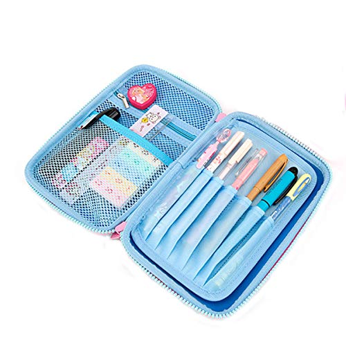 Cute Heart Patterns 3D Embossed Design Hard Shell Pencil Case with Big Capacity Stationery Pouch with Compartments for Kids (Blue)