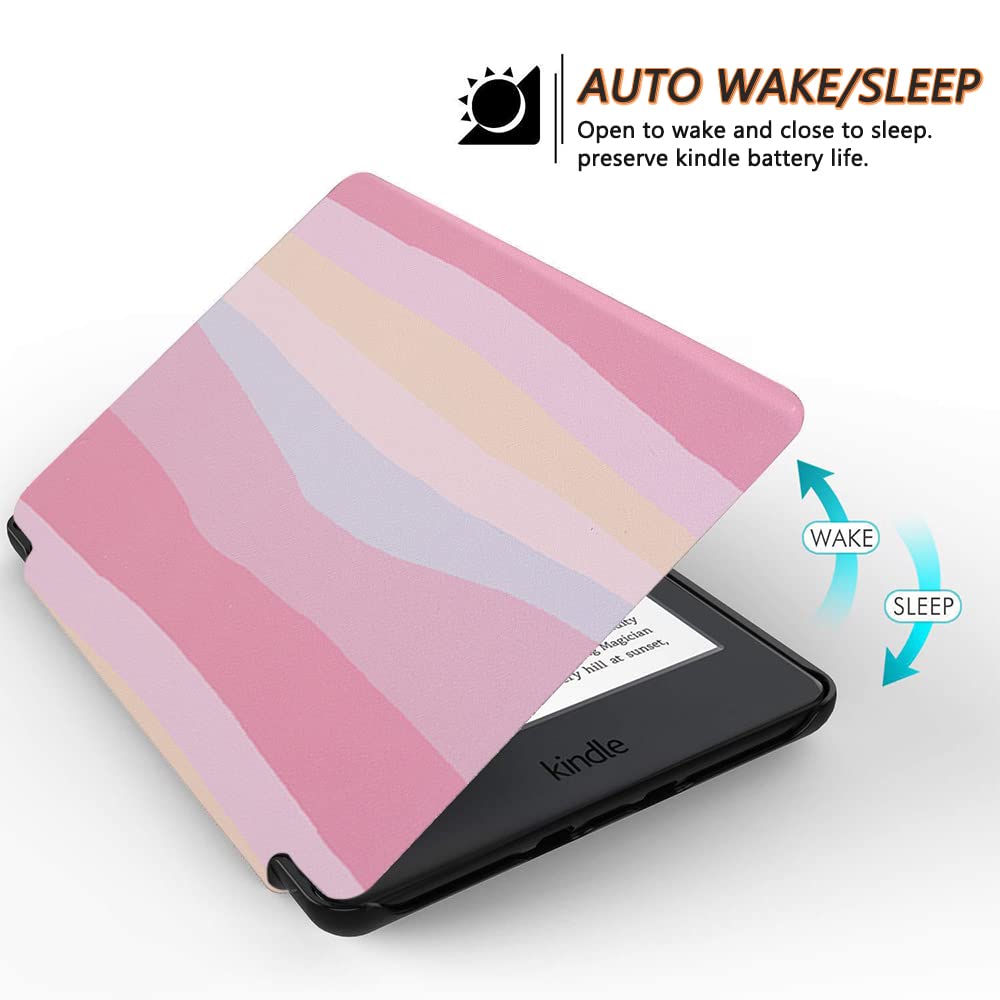 SCSVPN Case for 6.8'' Kindle Paperwhite 11th Generation & Signature Edition 2021 Release (Model NO. M2L3EK / M2L4EK), Slim PU Leather Smart Cover with Hand Strap and Auto Sleep/Wake (Colorful Pink)