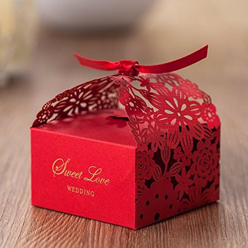 Laser Cut Red Laser Cut Flower Sweet Love Candy Box Wedding Favor-100Pack