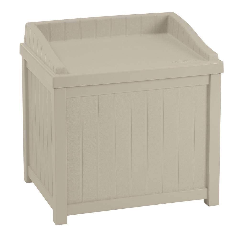 Suncast 22-Gallon Small Deck Box - Lightweight Resin Indoor/Outdoor Winter Storage Container and Seat for Ice Melt, Sand, Salt, Snow De-Icers - Store Items on Patio, Garage, Yard - Taupe