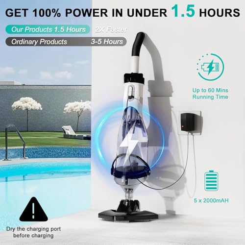 Cordless Pool Vacuum for Above Ground, Handheld Pool Spa Vacuum Cleaner for Inground Pools Hot Tub, Rechargeable, 60" Extendable Pole, up to 19.5 GPM for Shallow Steps, Leaves, Debris（Light Black）