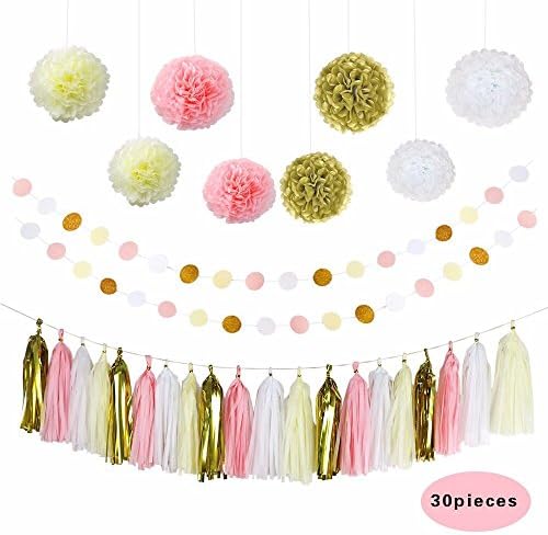 Tissue Paper Pom Pom Set: 30 Pcs, Includes Flowers, Tassels, and Circle Dot Garland, Gold, White, Pink, Cream -Great for Indoor or Outdoor Use- Weddings, Baby Showers, Birthdays, Holidays