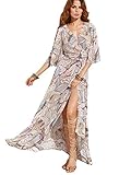 Milumia Women's Boho Split Tie-Waist Vintage Print Maxi Dress (X-Large, Grey-Pink)