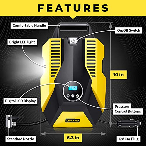 GERCHWAY Portable Car Air Compressor w/Auto Shut Off Feature/Long Cord, Digital Tire Inflator Pump, Storage Bag