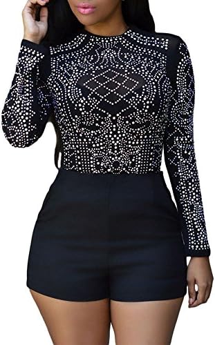 Eiffel Women's Studs Sheer Mesh Stretchy Long Sleeve Crop Tops Blouse Shirts