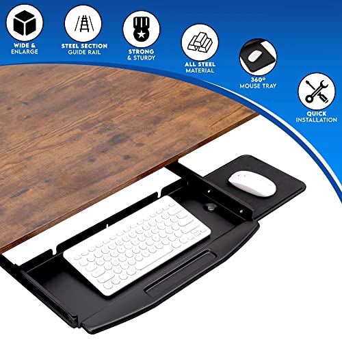Oaskrac Under Desk Keyboard Tray Slide Out Keyboard Tray with 360 Rotating Mouse Platform