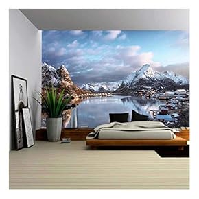 Snow in Reine Village, Lofoten Islands, Norway - Removable Wall Mural | Self-Adhesive Large Wallpaper - 66x96 inches