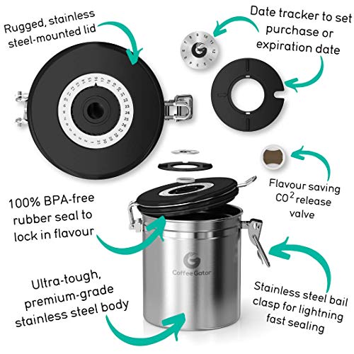 Coffee Canister - Coffee Gator Stainless Steel Coffee Container - Fresher Beans and Grounds for Longer - Date-Tracker, CO2-Release Valve and Measuring Scoop - Large, Red