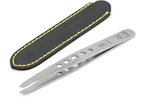 GERMANIKURE Professional Perforated Slanted Tweezers - FINOX Stainless Steel sharp tweezers in Leather Case - Professional Tweezers –Easy to use best tweezers- Ethically made in Solingen Germany 4403
