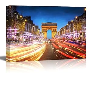 Canvas Prints Wall Art - Arc De Triomphe Paris City at Sunset - Arch of Triumph and Champs Elysees - 12" x 18"