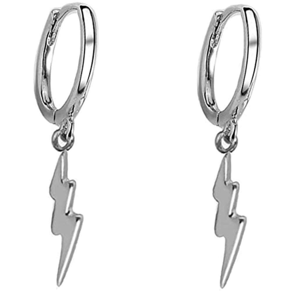 Lightning Bolt Dangle Hoop Earrings for Women Teen Girls 925 Sterling Silver with Charms Huggie Flash Dipped Drop Cartilage Clip Earrings Cute Punk Delicate Fashion Jewelry Gift Best Friend (Silver)