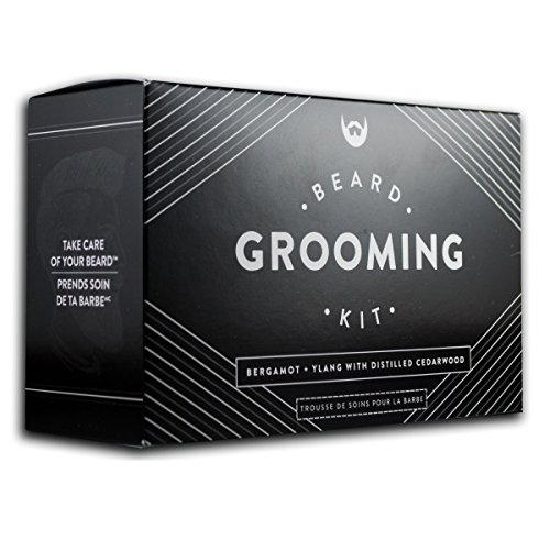 Beard Grooming Kit: Bergamot + Ylang with Distilled Cedarwood. Beard Care Gift Set with Beard Shampoo + Conditioner, Beard Oil, Beard Balm, Mustache Wax and Anti-Static Maple Beard Comb.
