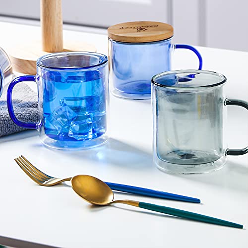 Farbe doppelwandige Gläser mit Griff und Deckel (275ml), Candiicap Thermogläser für Heißes & Kaltes Getränk, Kaffeegläser für Latte, Macchiato, Cappuccino, Cocktail, Tee