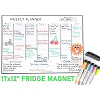 Magnetic Weekly Planner for Busy Families | Dry Erase Board | 17" x 12" White Board for Fridge | Stain Resistant | Calendar for Busy Schedule and Kids Activites | 5 Markers with Eraser Included