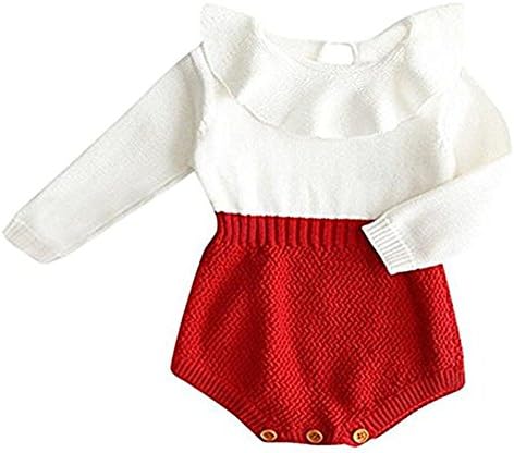 HRIUYI Baby Girls Sweet Knitted Fleece Romper Long Sleeve Ruffles Jumpsuits Sweaters Dress(Red, 90/12-18 Months)