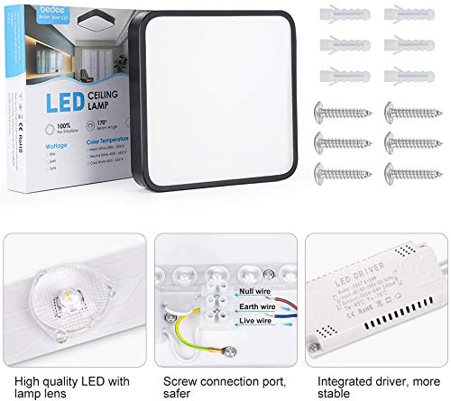 Plafoniera LED 36W, Plafoniere da Soffitto 3060LM Bianco Naturale 4000K, Nero Quadrata moderna plafoniere per Cucina Soggiorno Camera da Letto,Garage, Corridoio guardaroba cantina scala ufficio bagno