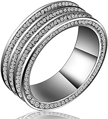 Lucky Dora Platinum Plated 3 Rows Pave Set Neutral Band Rings with CZ for Men and Women, Size 8