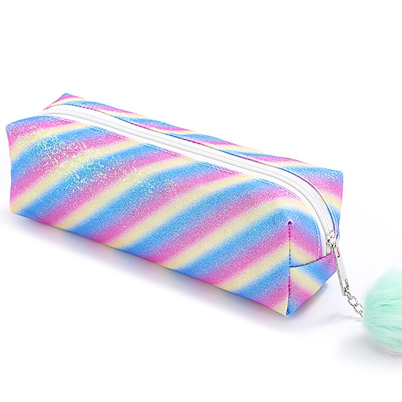 PHOGARY Glitter Preppy Pencil Case for Girls, Cute Pastel Pen Case Fluffy Zip Pull Pouch Bag Holographic, Sparkling School Stuff Stationery Shimmery Sequin Makeup Bag for Kids (Stripe)
