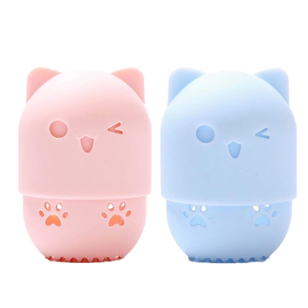 baixikly 2 Pcs Makeup Sponge Travel Case Makeup Sponge Holder Travel Case Cute Cat Shape Cosmetic Sponge Drying Holder Rack Washable & Reusable Makeup Blender Container for Home