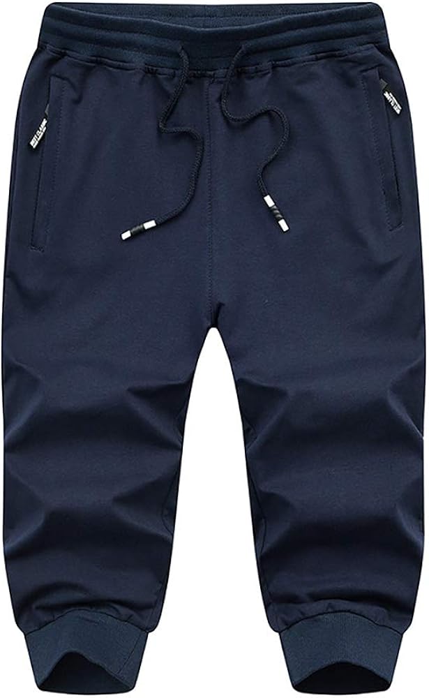 BIYLACLESEN Men's 3/4 Joggers Shorts Below Knee Running Gym Capri Pants Zipper Pockets: Clothing