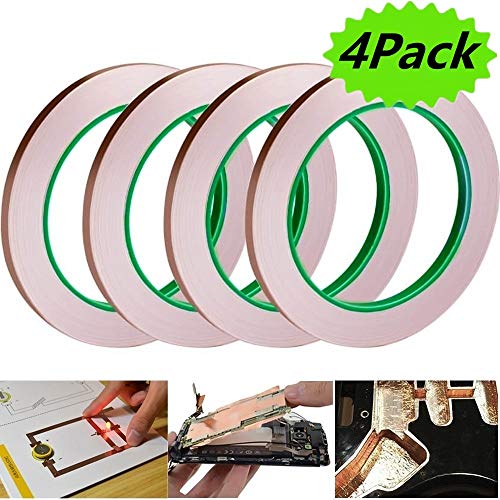 4 Pack Copper Foil Tape, 66 Feet Double-Sided Copper Foil Conductive Tape for Guitar & EMI Shielding, Slug Repellent, Crafts, Electrical Repairs, Grounding, Stained Glass, Brazing, Solde