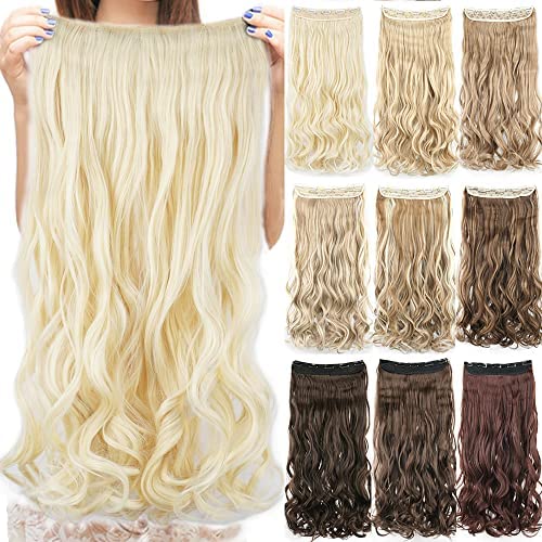 IMISSU Long Natural Thick Hair Curly Clip in on Synthetic Hair Extensions Hairpieces for Women (28 Inch,613 Blonde)