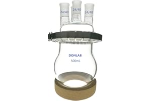 DONLAB REA-0002 500ml 4-Neck Spherical Round Bottom Reaction Kettle Flask Open Cover with Clamp & Cork Stands, with Four 24/4