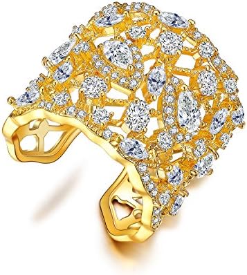 Redbarry 18k Gold Plated CZ Crystal Wide Band Adjustable Statement Cocktail Ring Wedding Jewelry