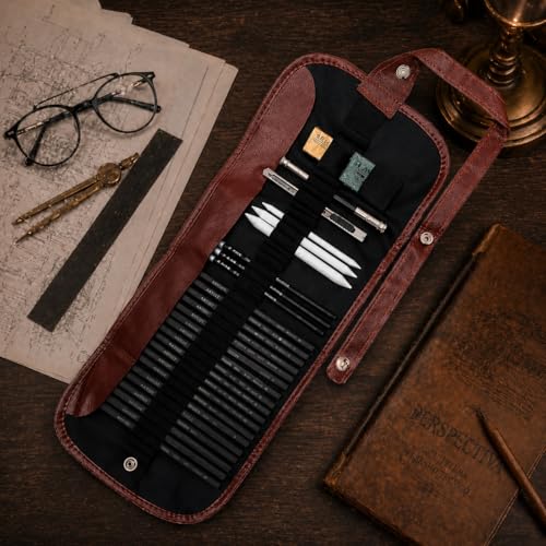 Kit Lápis de Desenho Profissional 29 Peças com Estojo Portátil, Lápis Artísticos, Borrachas, Estilete e Acessórios para Artistas e Estudantes Linha Super Premium 2H B HB 2B 3B 4B 5B 6B 7B 8B