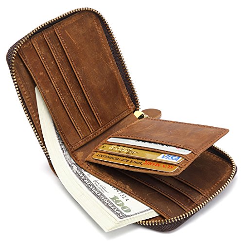 Huztencor Zipper Wallet Men Leather RFID Blocking Wallets for Men with ID Card Window Secure Zip Around Bifold Wallets Brown(FBA)