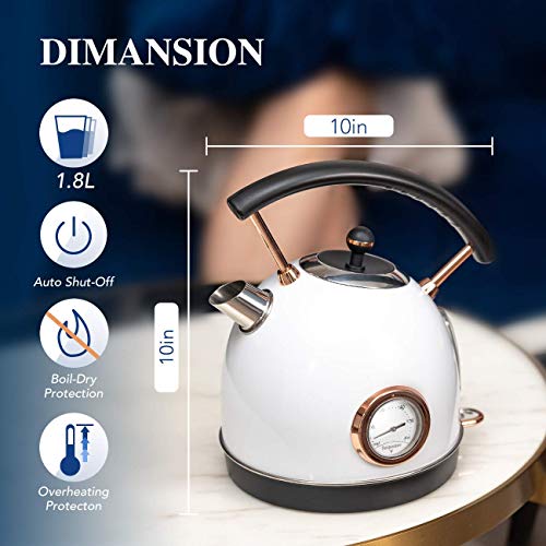 Pukomc Retro Electric Kettle Stainless Steel 1.8L Tea Kettle, Hot Water