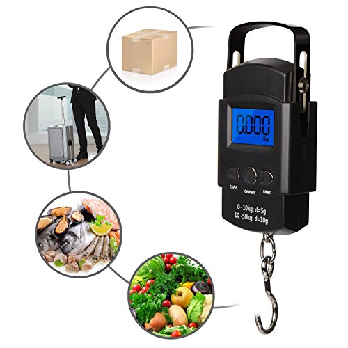 Fishing Scale, Hanging Scale, Rockjame Backlit LCD Screen 110lb/50kg Portable Electronic Digital Postal Hook Luggage Shopping Spring Scale with Measuring Tape, 2 AAA Batteries Included