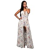 Women's Spaghetti Strap Floral Print Maxi Dress Overlay Rompers Jumpsuit Playsuit, Large