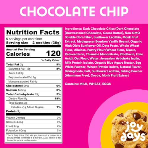 JOYDAYS CHOCOLATE CHIP COOKIES, LOW SUGAR, HEALTHY SNACKS FOR ADULTS AND KIDS, SNACK PACKS, LOW GLYCEMIC SOFT BAKED COOKIE FOR BREAKFAST OR DESSERT, 3G PROTEIN, 3G SUGAR, 5G FIBER, 6 PACK, 12 COOKIES