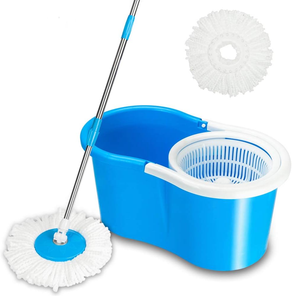 Kshioe 360 Spin Mop &Bucket System Floor Cleaning System With Extended Length Adjustable Handle 2 Microfiber Mop Heads, Wet/Dry Usage on Hardwood & Tile, Easy Wring Mop Bucket Set (BLUE)