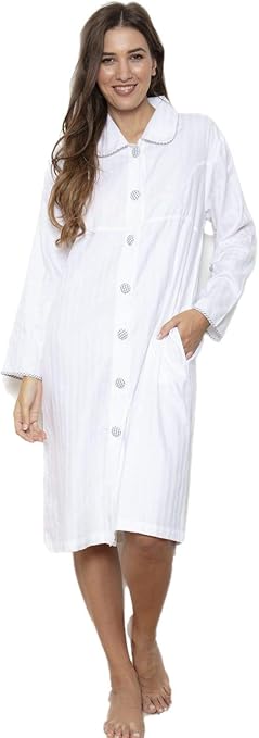 Ladies White Cotton Housecoat Nightdress Robe Dressing Gown Button Front Superfine Shadow Stripe 