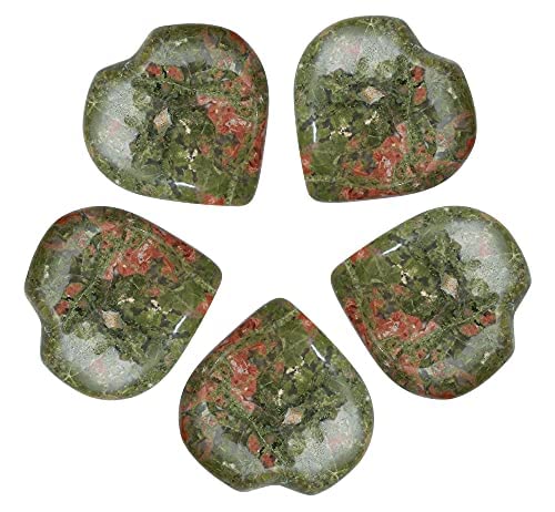 Crocon® 5 Pcs Unakite Heart stone 25mm Mini Heart Shape gemstone Puff Stones Set 400+ Carats Pocket Crystal Healing Tumble Collection Palm Worry Stone Good Luck Meditation Gift Craft Home Decor — image 1