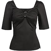 YARN & INK Women's 1950s Pinup Tops, Rockabilly Vintage Blouse Medium Sleeves Sweetheart V-Neck Shirt