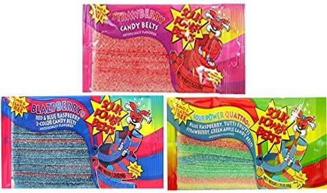 Sour Power Belts, From Dorval Falvored Belts Candy Variety Sampler- Blazpberry Red and Blue Raspberry, Quattro, Strawberry (24-Pack)