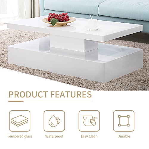 Mecor Modern Glossy White Coffee Table W/LED Lighting, Contemporary Rectangle Design Living Room