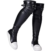 Uootopo Knee High Boots for Women Goth Platform PU Leather Round Toe Comfortable Tall Booties