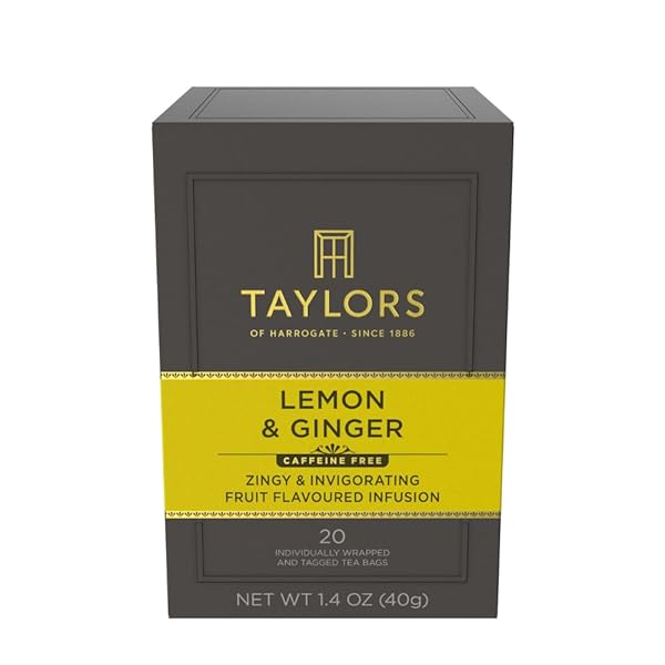TAYLORS OF HARROGATE LEMON & GINGER, HERBAL TEA, INDIVIDUALLY WRAPPED BAGS, 20 COUNT (PACK OF 1), CLEANSING, INVIGORATING AND CITRUSSY, CAFFEINE-FREE, ENJOY HOT OR ICED, 20 TEABAGS