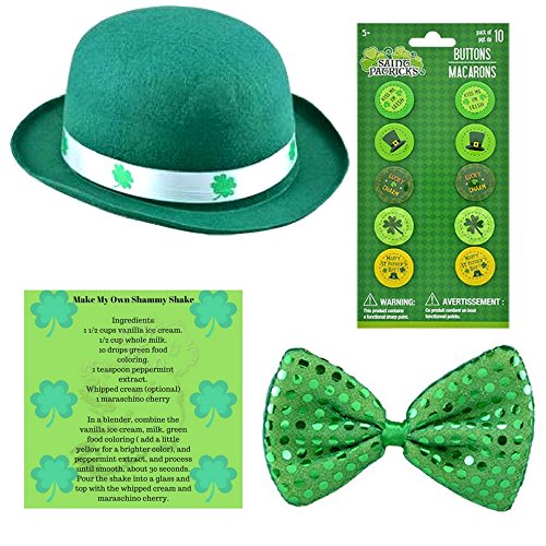 Multiple ST. Patrick's Day 4 Piece Green Derby Hat, Bow Tie, 10 Count Buttons, Milkshake Recipe Card