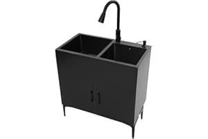 Liffshsy 30-Inch Laundry Sink Cabinet with Stainless Steel Sink and Pull-Out Sprayer Faucet, Freestanding Deep Utility Sink with Cabinet Utility Tub for Bathroom Laundry Room Kitchen (Black)