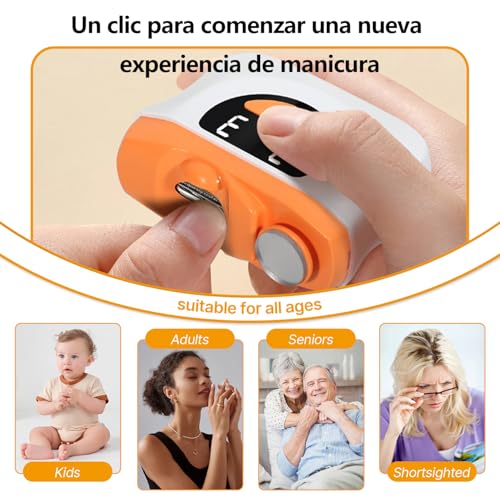Cortauñas Electrico, 2026 nuevo 3 en 1 Cortaúñas Automático y Pulidor, 3 velocidades Cortauñas Eléctrica Ajustable Automático con Luz LED y Recargable por USB, para bebés, adultos y ancianos - Naranja