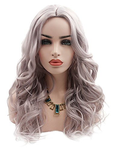 Kalyss Women's 26 inches Long Wavy Deep Flip Up invisible Lace Hairline 100% Imported Premium Synthetic Sliver Grey Hair Wig