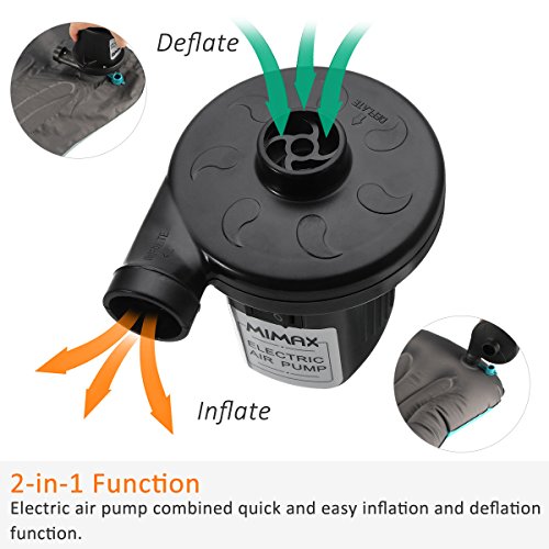MIMAX Electric Air Pump Air Mattress Pump Portable Air Pump Quick-Fill Inflator Deflator 110V AC/12V DC with 3 Nozzles for Inflatables Air Bed Boat Raft Mattress Outdoor, Car Use, Indoor, Black