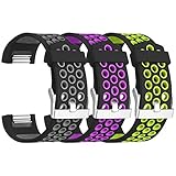 SKYLET for Fitbit Charge 2 Bands, 3 Pack Breathable Silicone Replacement Bands for Fitbit Charge 2 with Secure Watch Clasp (No Tracker)[Small, 3PC: Black-Gray&Black-Purple&Black-Green]