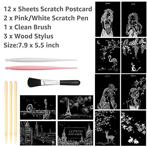 Scratch Art Paper, Rainbow Night View Scratchboard Pads for Adults and Kids, Mini Envelope Postcard Art & Crafts Set: 12 Sheets Scratch Cards & Scratch Drawing Pen, Clean Brush 7.9"x5.5" (City Living)